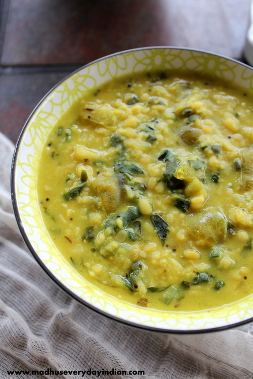 creamy, tasty and tangy tomatillo dal made with moong dal and tomatillo. serve with rice and pickle.