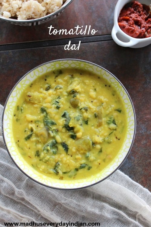 tomatiloo dal is a tasty dal made with moong dal and tomatillo.