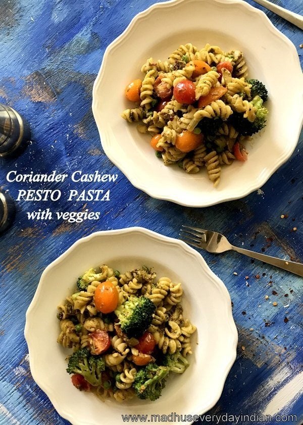 coriander cashew pesto pasta with veggies
