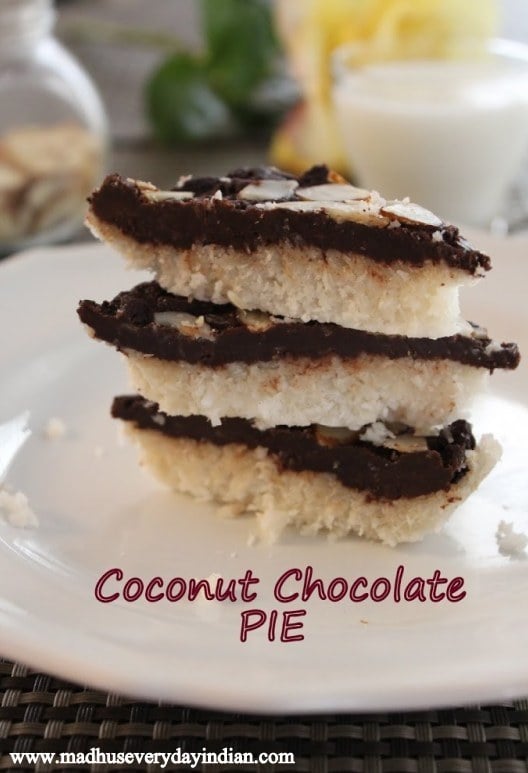 No Bake Coconut Chocolate Pie served with milk