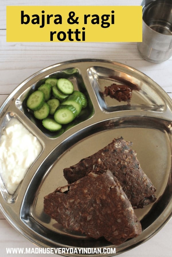 healthy bajra ragi rotti served with cucumber, curd and pickle