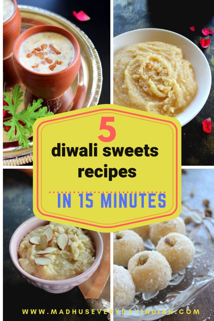 collection of 5 diwali sweets recipes. Quick and easy diwali sweets recipes like instant peda, instant coconut ladoo, paneer kheer, palakova and almond halwa. #diwali #halwa #kheer #paneer #peda #laddoo