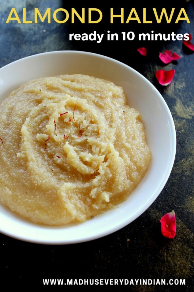 quick and easy lamond halwa made with almond powder. almond halwa is a indian dessert made during diwali, dussehr, ganesha chaturthi and more #almond #halwa #diwali .