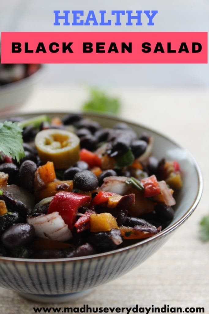 Healthy black bean salad recipe- easy and healthy black bean salad ready in ten minutes. Serve it as a salad or as a side with the main course side or as a dip with tortilla chips. #salad #blackbeans #mexican #healthy