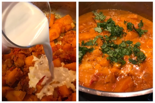 adding coconut milk, mint and coriander to the cooked pumpkin curry