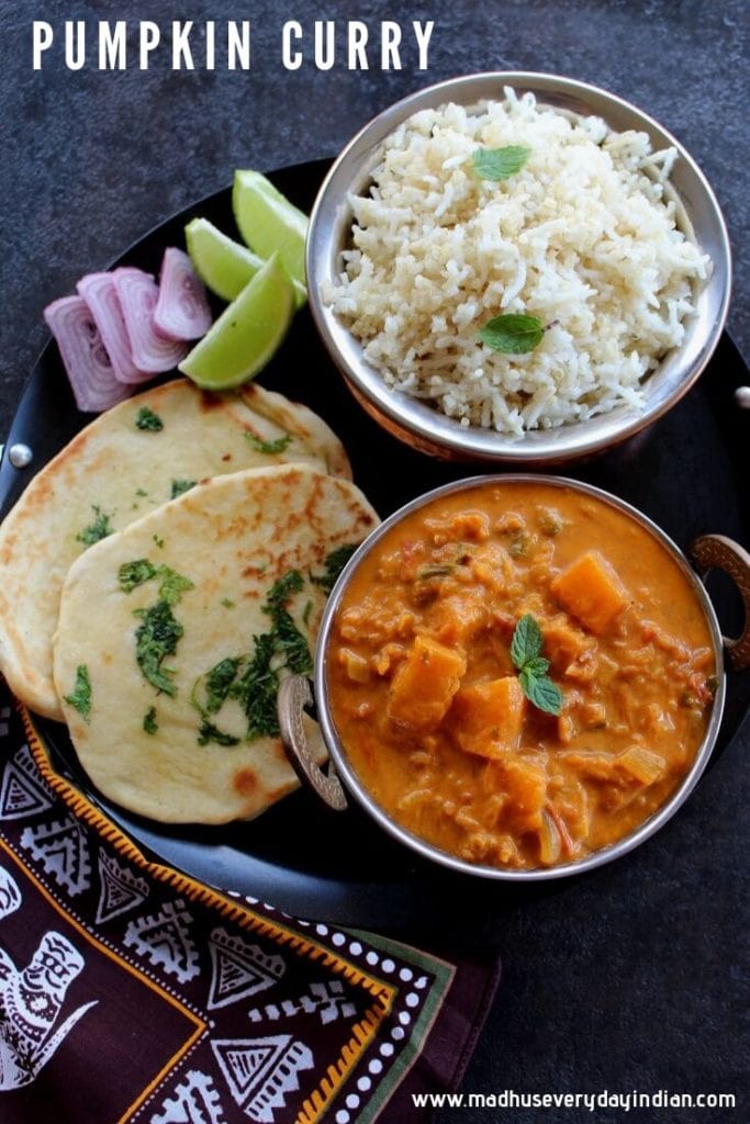 pumpkin curry served with rice and nan