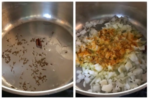 sauteing onion, cumin and turmeric powder in a sauce pan