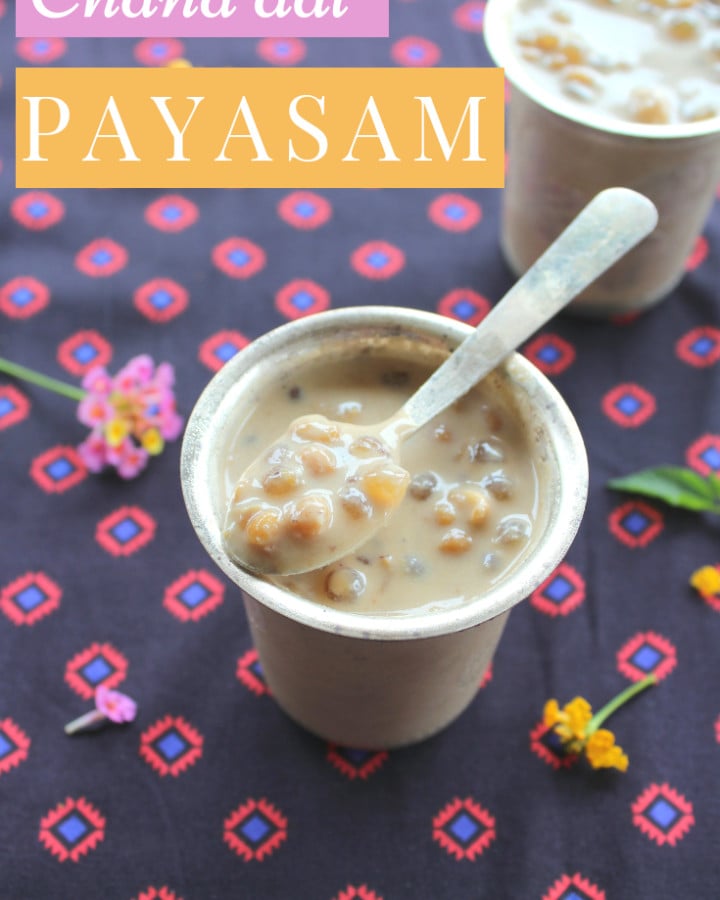 chana dal and saago payasam, served in a silver cup with a spoon