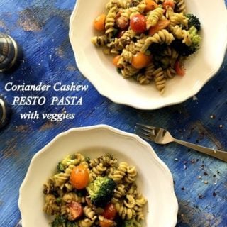 coriander cashew pesto pasta with veggies