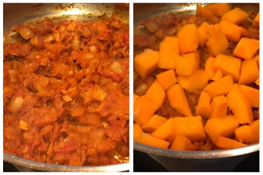 added pumpkin to the onion tomato mixture