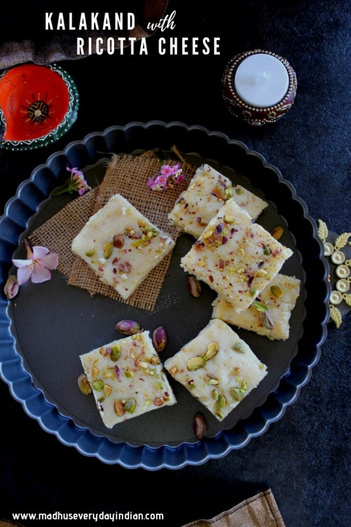 kalakand sweet topped with pistachio