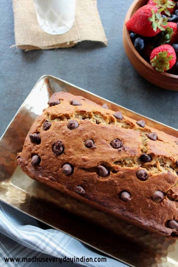 moist banana bread topped with chocolate chips