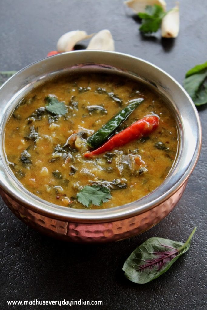 amaranth dal made in instant pot and garnished with green chilly and cilantro leaves