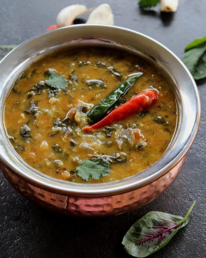 amaranth dal made in instant pot and garnished with green chilly and cilantro leaves