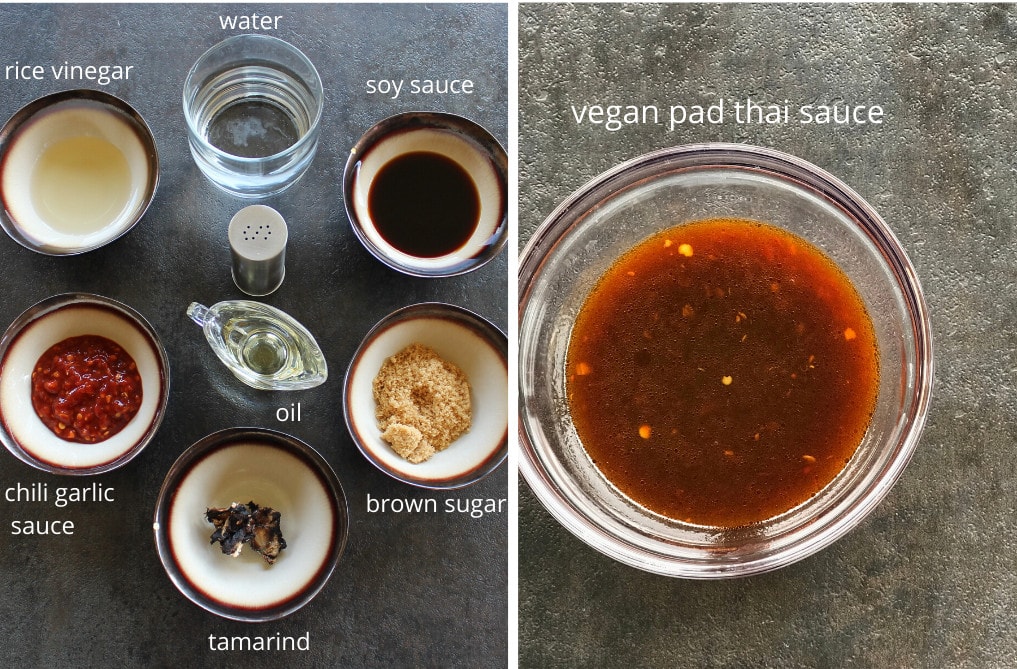 rice vinegar, water, tamarind, brown sugar, oil, soy sauce and chili sauce mixed to make pad thai sauce