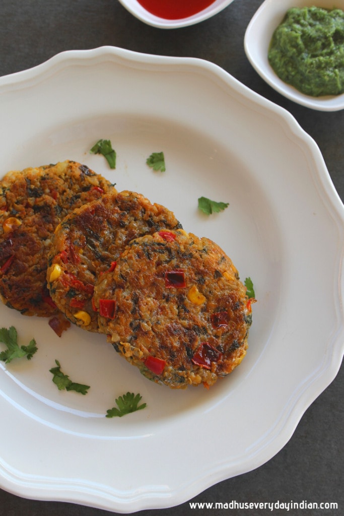 veggies patties served with chilly sauce and mint chutney on the side