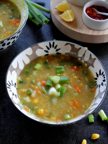 indo chinese style corn vegetable soup served in a bowl