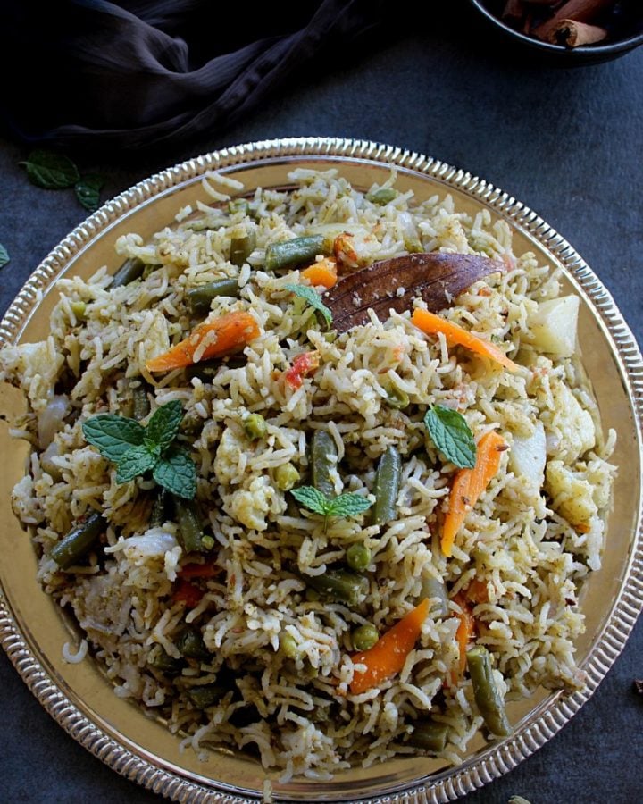 vegetable pulao served in a silver plate