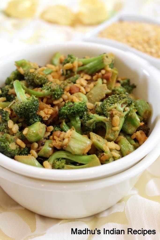 broccoli moong dal fry served in a white bowl
