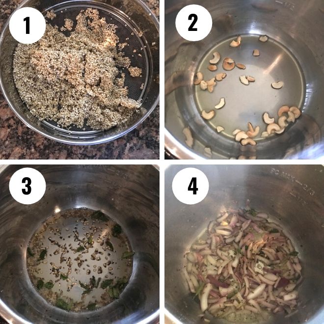 rinsed quinoa, sauteed cashew, mustard, green chily and onion in the instant pot 