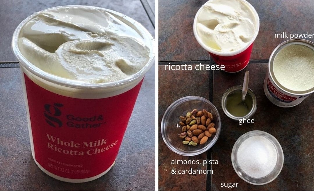 ricotta chhese, milk powder, sugar, nuts and ghee are displayed