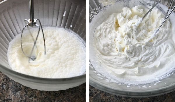 cream added to a bowl and whipped till stiff peaks
