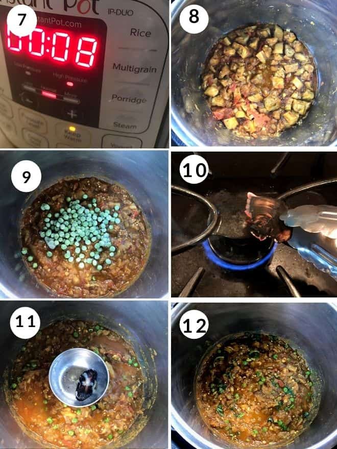 cooking the egg plant in the instant pot and finished with green peas