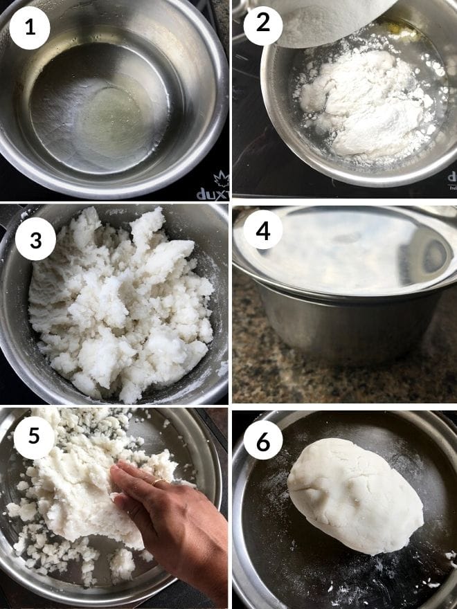cooking the rice flour in hot water, kneading it and making modak with it