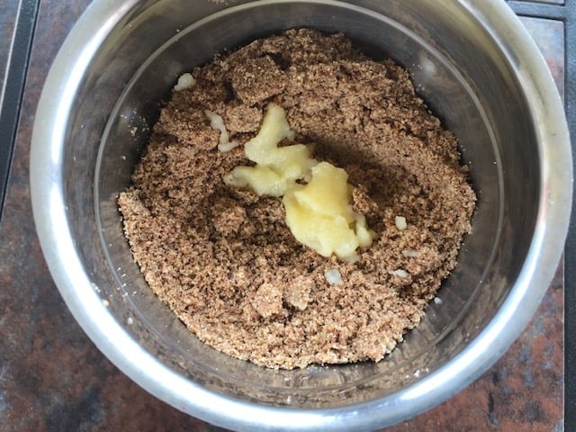 ghee added to the powdered flax seed and nuts mixture