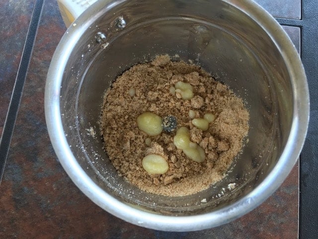 ghee added to almond and jaggery mixture