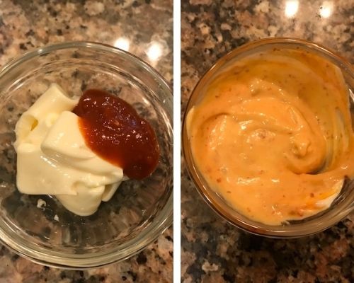 mayonaise and chili sauce mixed in a glass bowl