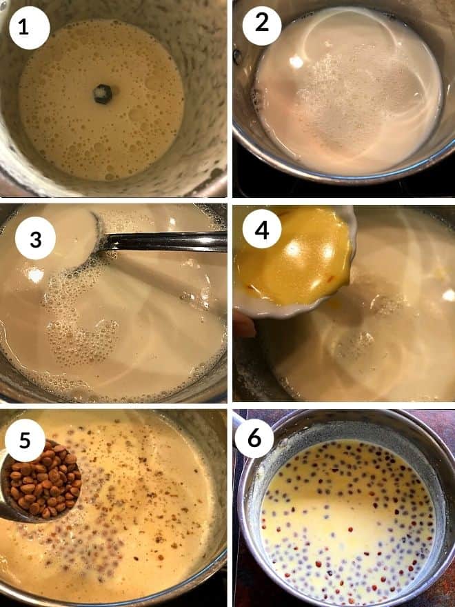 ground almond powder cooked in milk, saffron and sugar in a pot