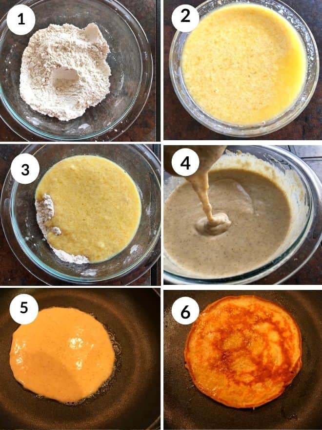 adding fry ingredients and wet ingredients to form a pancake batter. Het a griddle and pour some batter and cook the pancake on both sides.