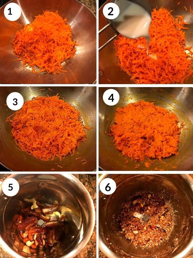 carrot is being cooked with ghee and milk and nuts and dates are crushed to a fine powder