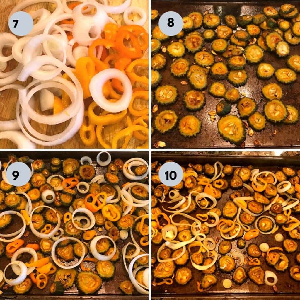 cut onion and bell pepper  added to partially baked bitter gourd and baked again till crisp
