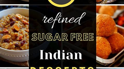 collage of 6 indian desserts which are refined sugar free - nuts ladoo, wheat ladoo, sweet pongal, oats ladoo, almond ladoo and moong dal payasam