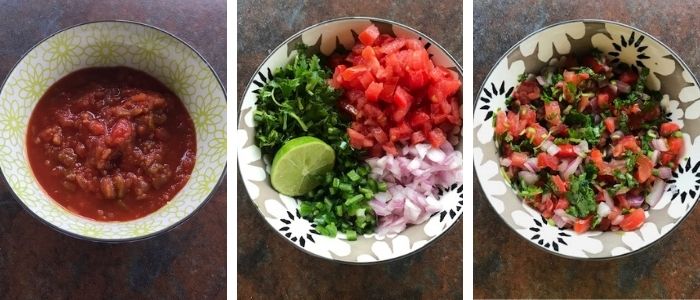 1 st pic - salsa, 2nd pic  and ingredients for pico de gayo and 3 rd pic- home made pico de gayo recipe