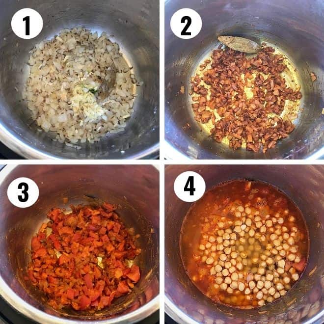 to the instant pot - onion are suated and masala powders are added and then tomato is added and cooked till mushy. Water and soaked chickpeas are added at the end. 