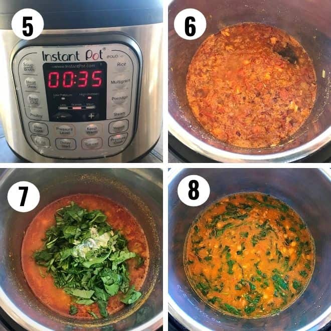 cook teh chickpea curry for 35 minutes in the instant pot. Finally add spinach and coconut milk.