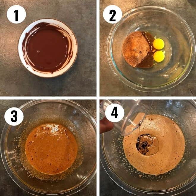 1- chocolate melted, 2 & 3- eggs and sugar whicked, 4 - oil added to egg mixture