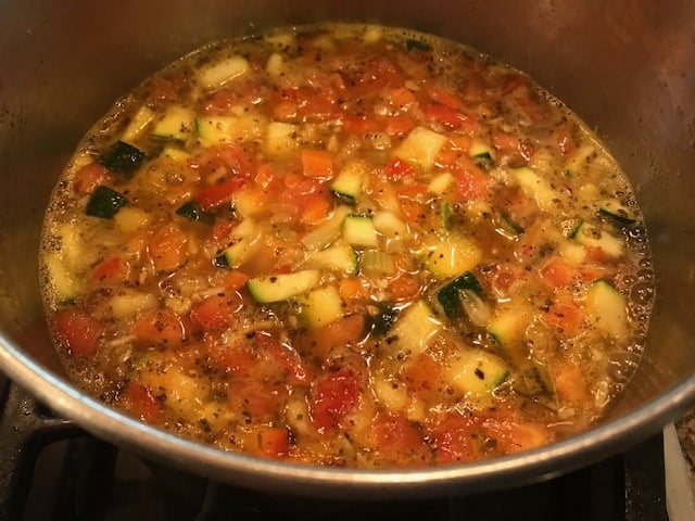 water and vegetable broth added to the soup 