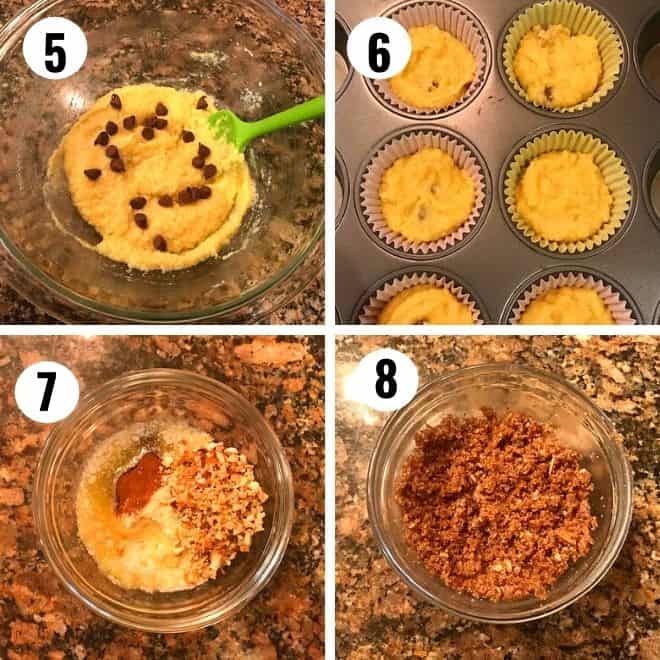 chocolate chips added to the almond flour muffin batter and placed in muffin tray. you can also almond flour streusel topping made iby mixing almond flour, butter, sugar, nuts and cinnamon