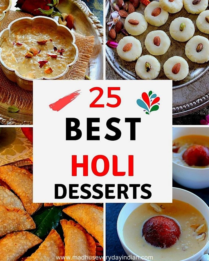 collage of 25 desserts to celebrate holi festival