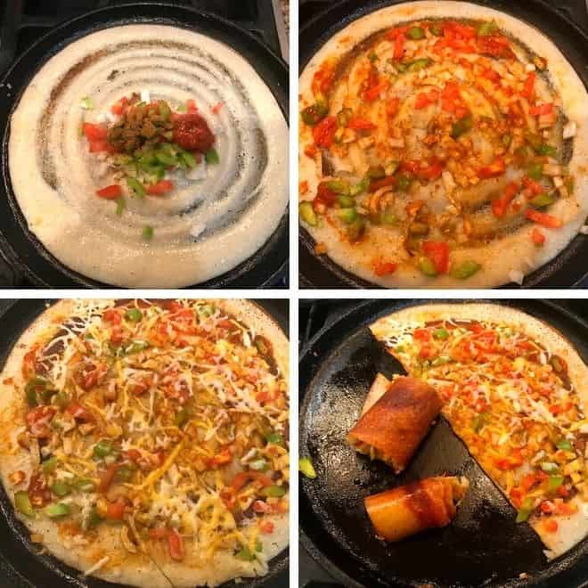 dosa topped with onion, bell pepper, chili sauce, coriander and cheese and cooked till crisp.