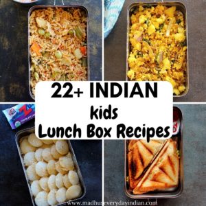 collage of indian kids lunch box recipes, it has 4 pictures.