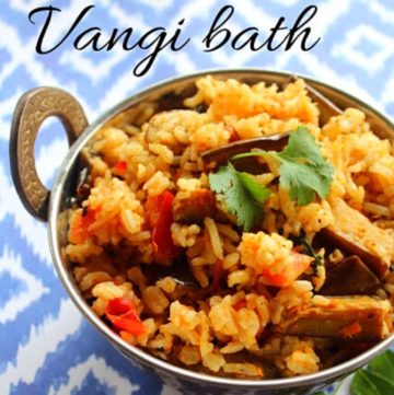 vangi bath served in a steel kadai garnished with