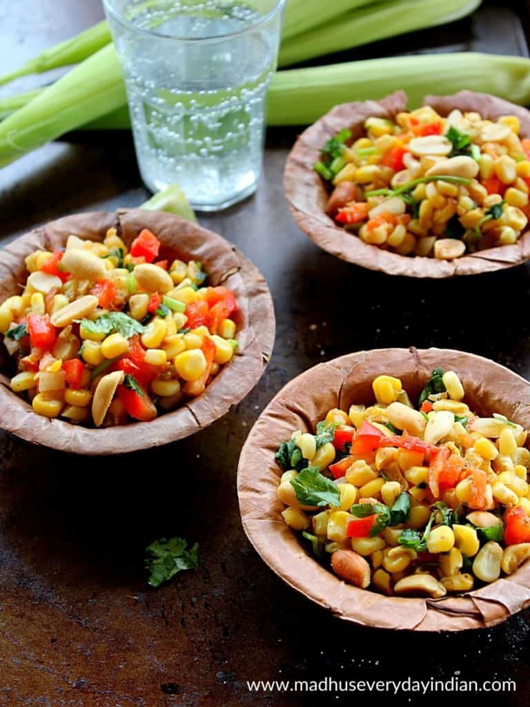 indian corn salad served in leaf bowls