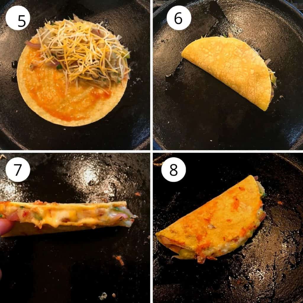 collage of corn tortilla filled with cheese and potato filling is cooked till crisp and cheese melted.