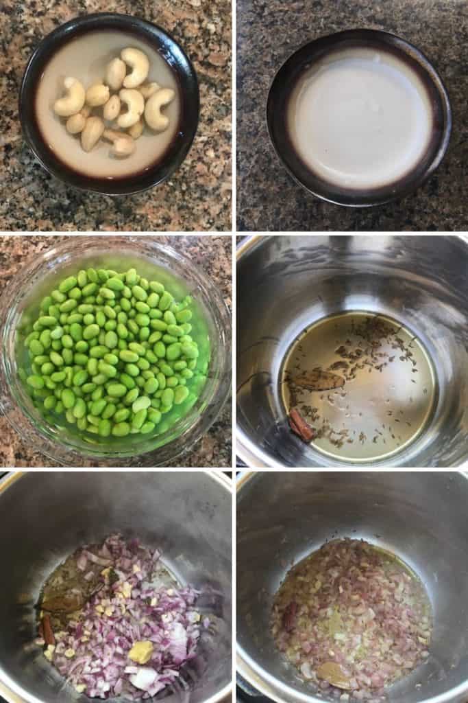 saoked cashew ground to paste, edamame soaked in water and onion and spices sauteed with oil in the instant pot.