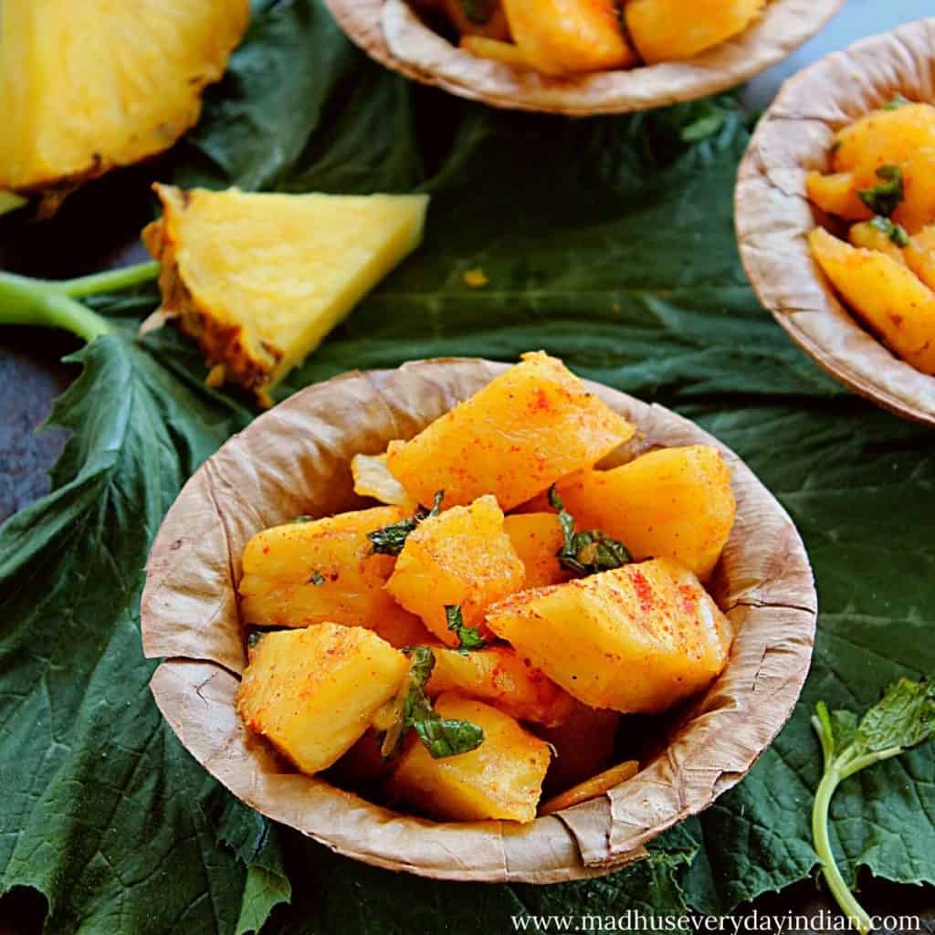 pineapple chaat served in a leaf cup